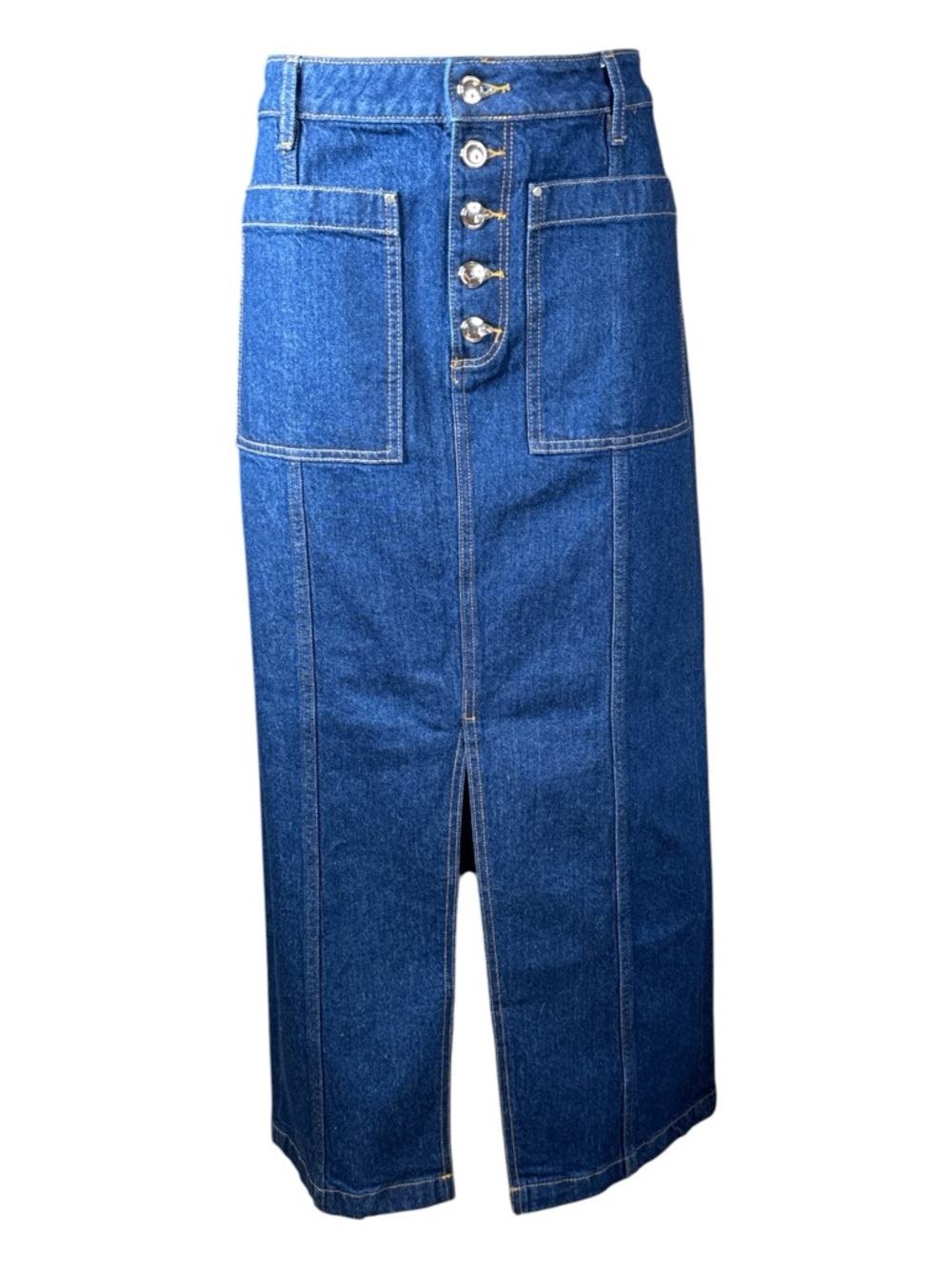 LOFT Denim Button-Front Maxi Skirt in Dark Blue.